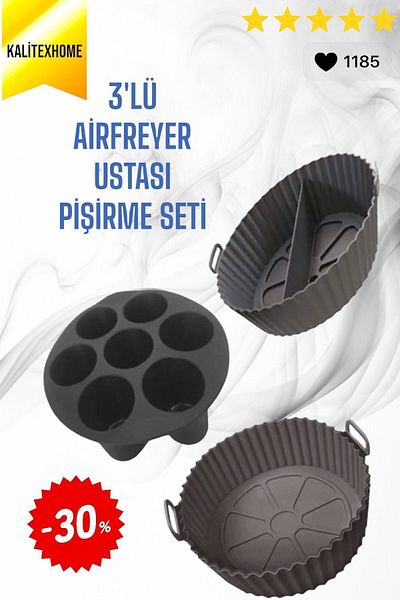 kalitexhome 3 Piece Practical Silicone Airfryer BLACK Cooking Container, Clover Muffin, Two-Compartment Oven, Microwave