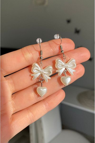 Pinky Lady Coquette aesthetic bow earrings with pearls