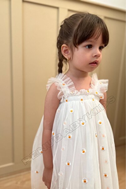 penu baby kids Beyaz Renkli Nakış Papatya Işlemeli Askılı Kız Bebek & Kız Çocuk Elbise - Elisa
