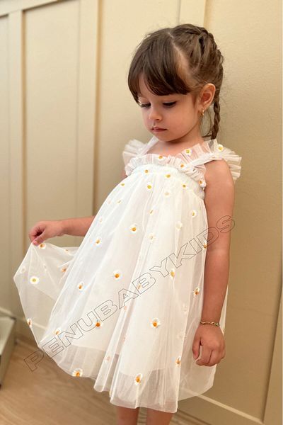penu baby kids White Colored Embroidery Daisy Embroidered Strap Baby Girl & Girl Dress - Elisa