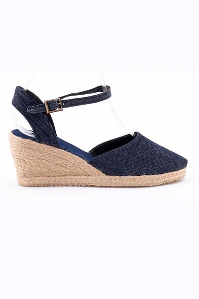 Star Tombis Espadrile din paie de in albastru - lucrare manuală reală, toc deschis, toc pană cu curele la gleznă