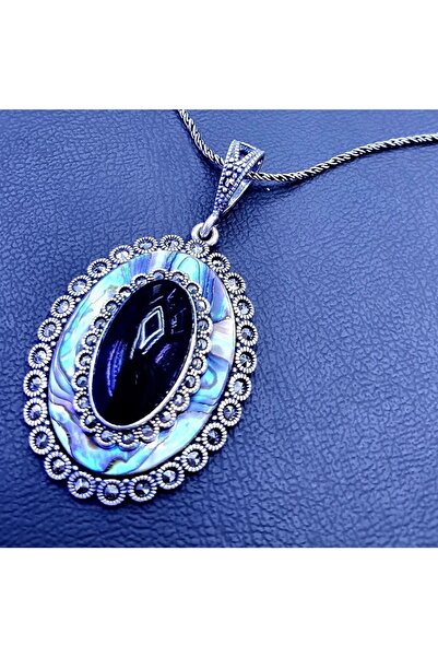 Efe Oltu Taşı Gümüş Tesbih Takı 925 Ayar Gümüş Mavi Sedef Markazit Ve Oltu Ta...