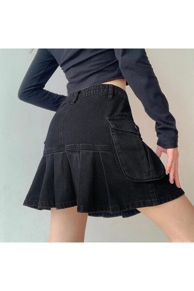 Karakedi Fusta neagră mini denim cu buzunar cargo