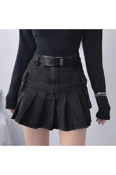 Karakedi Fusta neagră mini denim cu buzunar cargo