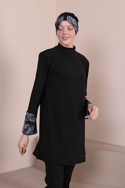 Fitsauna Fit Sauna Fan Palm Pattern Long Sleeve Hijab Swimsuit