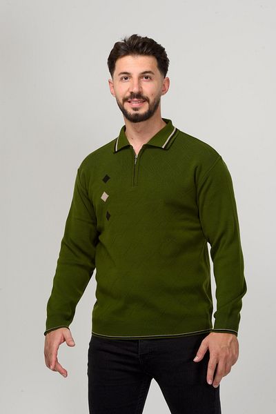 Kamalı Khaki Men's Polo Collar Zippered Intarsia Gofra Patterned Non-Pilling Knitwear Sweater