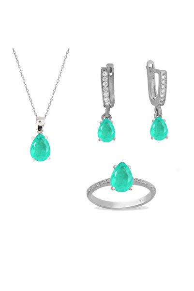 Silveranka 925 Ayar Gümüş Mİnimal Paraiba Damla Taşlı Takı Seti