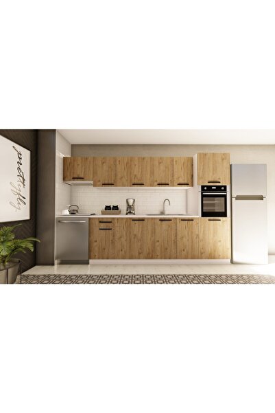 visasconcept 320 Cm Aylin Hazır Mutfak Dolabı Aspiratör Ve Ankastre Kiler Modüllü Atlantik Çam(TEZGAH DAHİL)