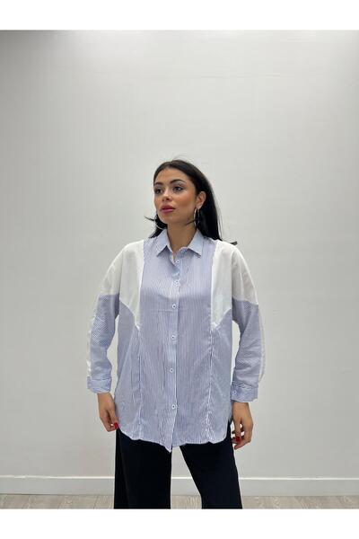 QUZLAK Blue and White Striped Women's Shirt