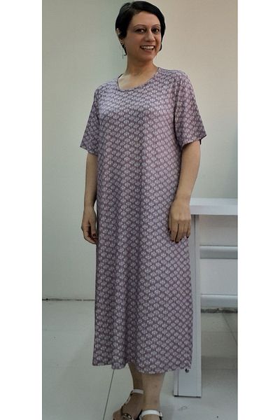 Mertcan Butik Φόρεμα με κοντό μανίκι από χτενισμένο βισκόζη με στάμπα Dusty Rose