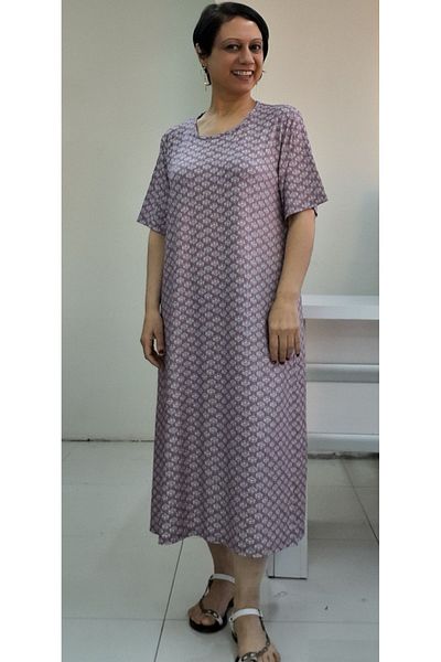 Mertcan Butik Φόρεμα με κοντό μανίκι από χτενισμένο βισκόζη με στάμπα Dusty Rose