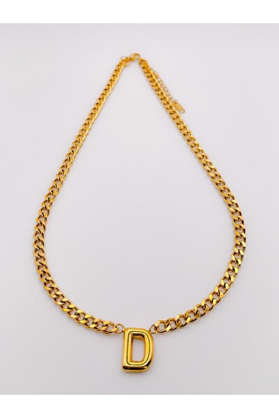 Trinos قلادة من الفولاذ بحرف D - سلسلة منحنية وسميكة