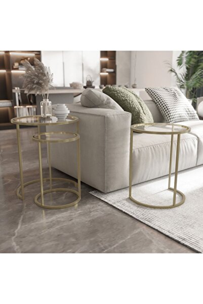 incimetaldesign Inci Metal Design 3'lü Zigon Sehpa Takımı Şeffaf Cam