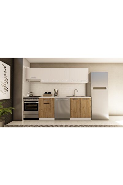 visasconcept 260 Cm Yelda Hazır Mutfak Dolabı Aspiratör Modüllü Beyaz Ve Atlantik Çam(TEZGAH DAHİL)