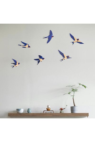 CajuArt Decorative 6 Piece Blue Swallow Wooden Wall Painting Wall Decor