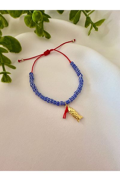 Atelier Çağla Blue Striped Bracelet with Fish Glass Bead Detail