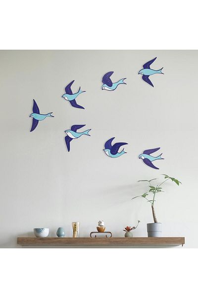 CajuArt Decorative 7 Piece Turquoise Blue Flying Birds Wooden Wall Painting Wall Decor