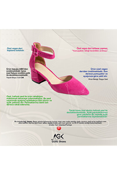 Güllü Shoes Kadin Fuşya Süet Ayakkabı Abiye Stiletto Kalın Topuk Gelinlik Ayakkabisi 5.5cm