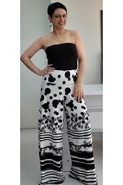 Mertcan Butik White and Black Floral Pattern - Elastic Waist and Wide Leg Steel Skirt