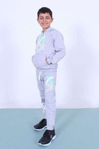 PANİO KİDS X Printed Kangaroo Pocket Hooded Boy's Bottom-Top Tracksuit Set