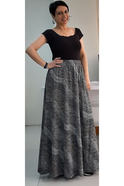 Mertcan Butik Smoke Black Patterned 6-Piece Viscose Skirt with Elastic Waist