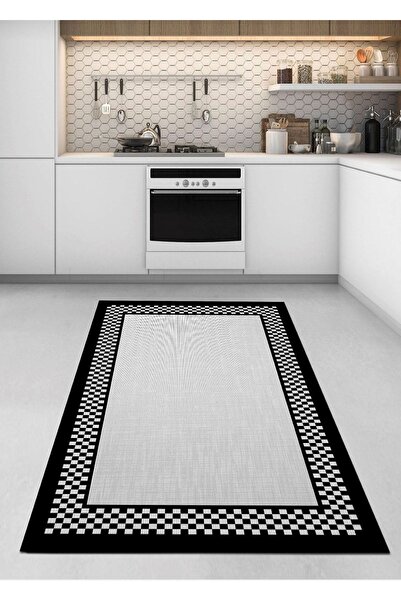 Ardizayn Gri Renkli Dama, Kaymaz Tabanlı, Antialerjik Mutfak Halısı-arh9048