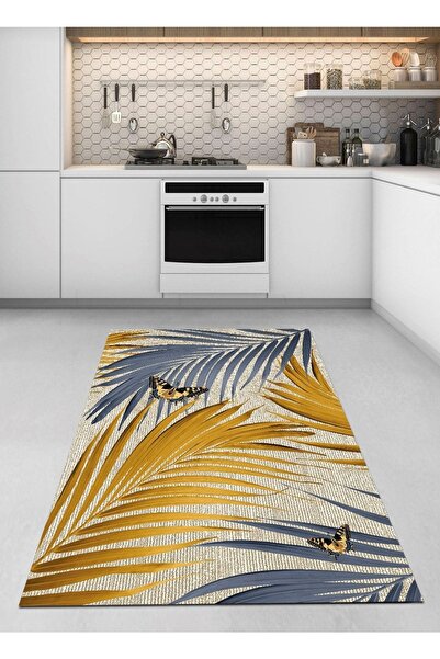 Ardizayn Hardal Mavi, Yaprak, Organik Pamuk Dokuma Antialerjik, Makinede Yıkanabilir Mutfak Halısı
