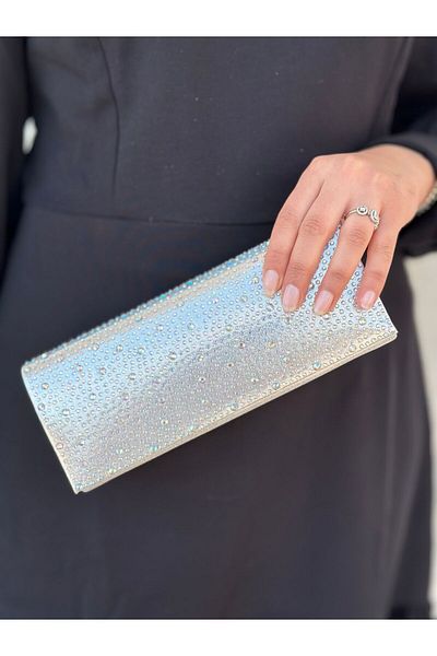 Sh Poly Βραδινή τσάντα φορέματος 2024 Strap Silver Stone - Clutch Portfolio ώμου και χεριού