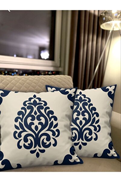 Ardizayn دمشقي - (أزرق داكن-كريمي) غطاء وسادة من القماش المخملي مكون من قطعتي...