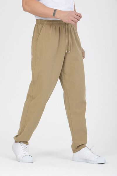 LECH STORE Unisex Thin Summer Elastic Waist Corded Linen 100% Cotton Raw Cloth Pants