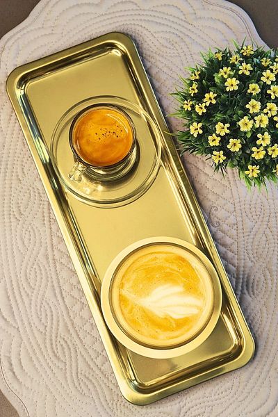 ÖzSa Home Set of 2 Gold Luxury Rectangular Stainless Steel Coffee Tea Catering and Presentation Tray Gold Color 33x13 cm