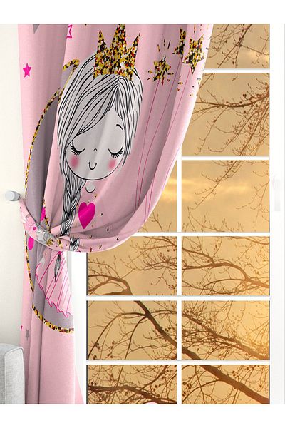 Ardizayn Moon - Girl (Pink), Digital Printed, Velvet Fabric, Children's Room Double Wing Background Curtain