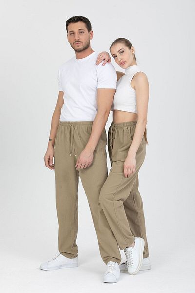 LECH STORE Unisex Thin Summer Elastic Waist Corded Linen 100% Cotton Raw Cloth Pants