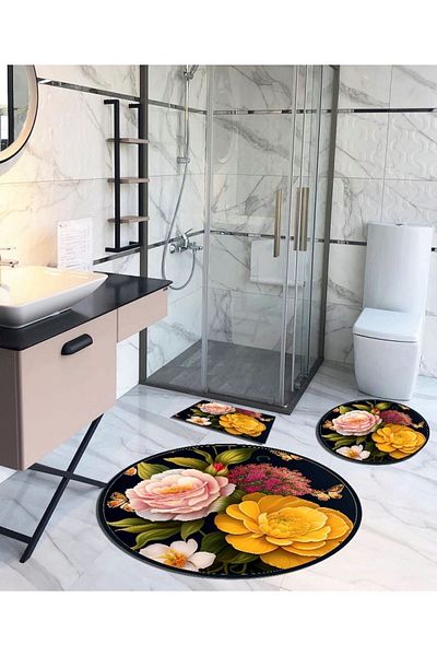 Ardizayn Roses, Cotton Woven Base Round Bath Rug (100X100-60X60-40X60 CM SET OF 3)