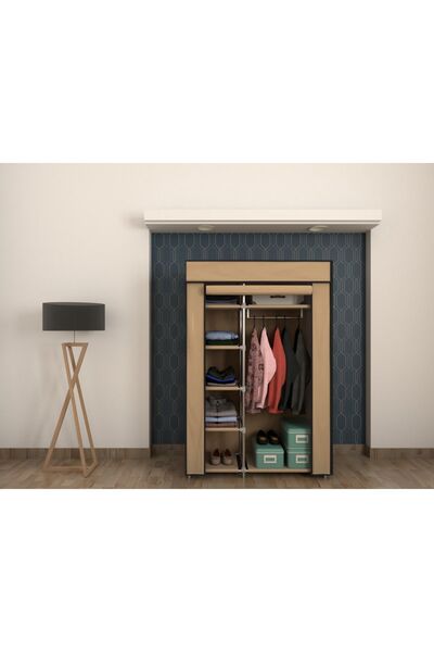 Burak Plastik Profilli Bej Tek Yandan Raflı Bez Dolap Gardırop