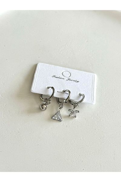 DEMOKAN Special Design 3-Piece Zircon Stone and Non-Tarnish Earrings - Triangle Flower Detailed