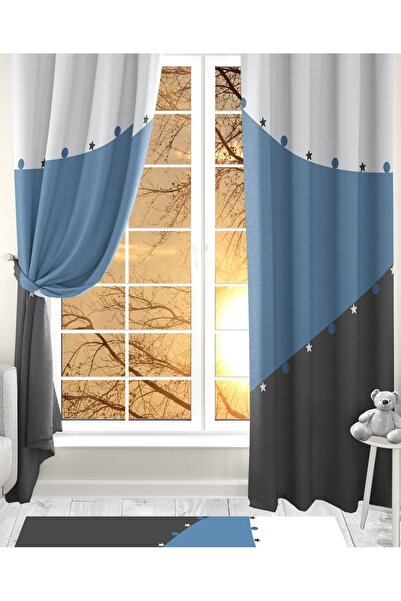 Ardizayn Yıldız - Mavi, Kadife Kumaş, Dijital Baskılı, Çift Kanat Çocuk Fon Perdesi