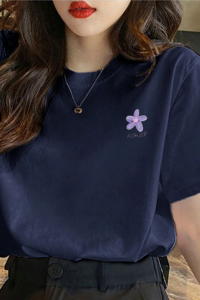 Women's Navy Blue Flower Printed Oversize T-Shirt