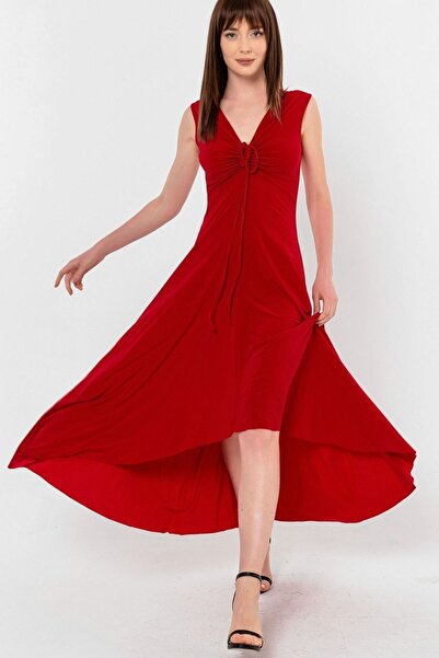 Laranor Kırmızı Yaka Bağcıklı Büzgü Detay Asimetrik Elbise