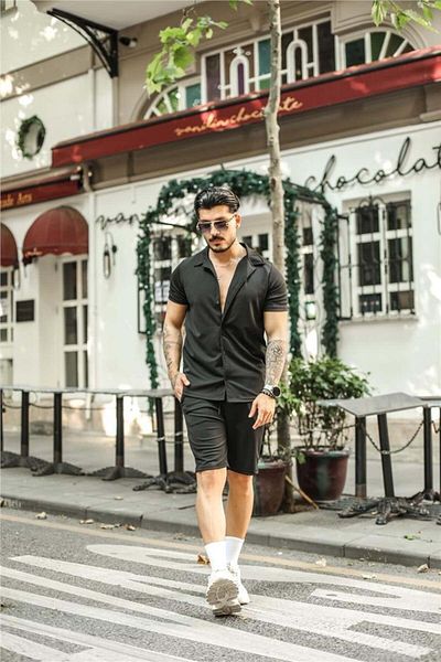 Tarz Cool Ανδρικό μαύρο σορτς με λεπτή εφαρμογή - Σετ κάτω και επάνω-gmlksrt01r01s
