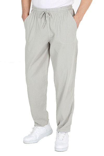 LECH STORE Unisex Gray Elastic Waist and Lace-up Pure Linen Pants Png-1958-00