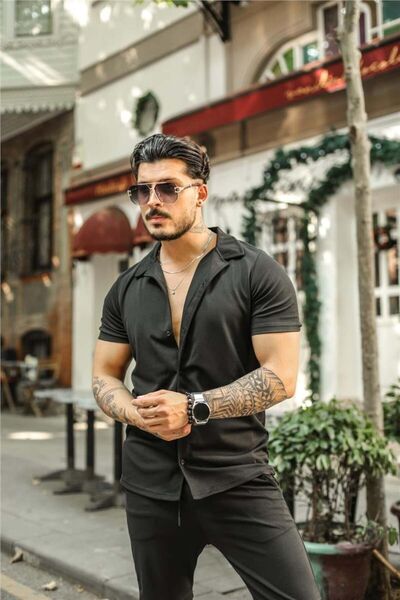 Tarz Cool Men's Black Slim Fit Shorts Set - Bottom and Top Set-gmlksrt01r01s