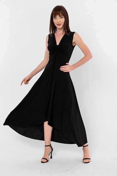 Laranor Black Collar Lace-up Gather Detail Asymmetrical Dress