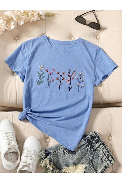 PALPİTO Tricou oversize pentru femei cu imprimeu Baby Blue Flower Garden