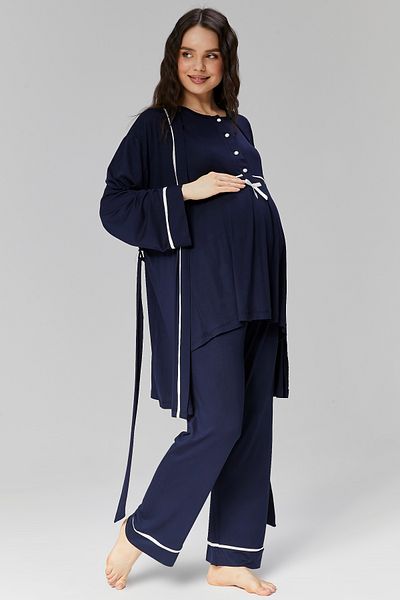 Lohussa Navy Blue Women's Pajamas Set - 100% Cotton, Full Length Summer, Pregnant and Maternity Morning Gowns