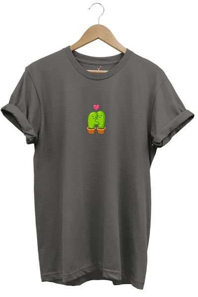 WİDİ Cute Dear Cactus Printed Minimal Regular Fit 100% βαμβακερό γκρι μπλουζάκι