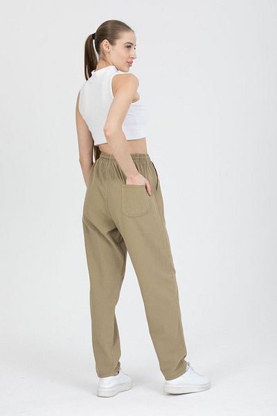 LECH STORE Women's Unisex Loose Cut Elastic Waist Linen 100% Cotton Comfortable Raw Cloth Pants