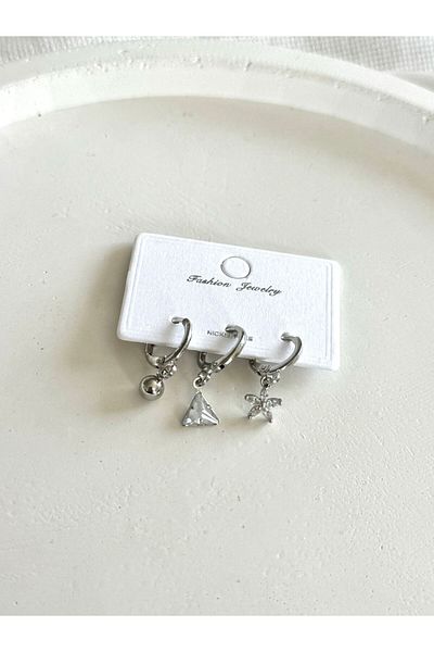 DEMOKAN Special Design 3-Piece Zircon Stone and Non-Tarnish Earrings - Triangle Flower Detailed