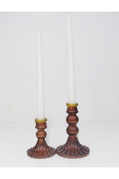 Missi 2li Kahverengi Kristal Şamdan Mumluk Ve Mum Seti