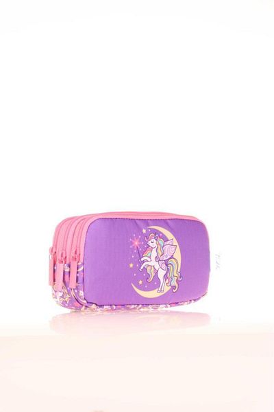 KAUKKO Geantă pentru creion pentru copii cu model unicorn cu 3 compartimente - Liliac L8150